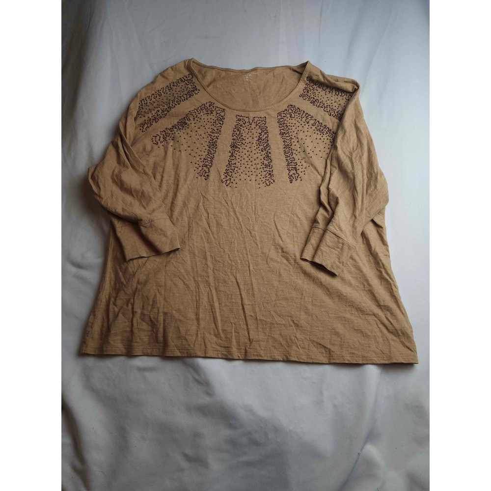 Coldwater Creek Tan Beaded Sunburst Cotton Top XL Long Sleeve Scoop Neck Womens